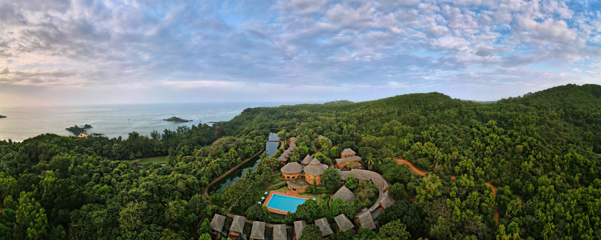 SwaSwara, CGH Earth — aerial view over the forest retreat, Gokarna